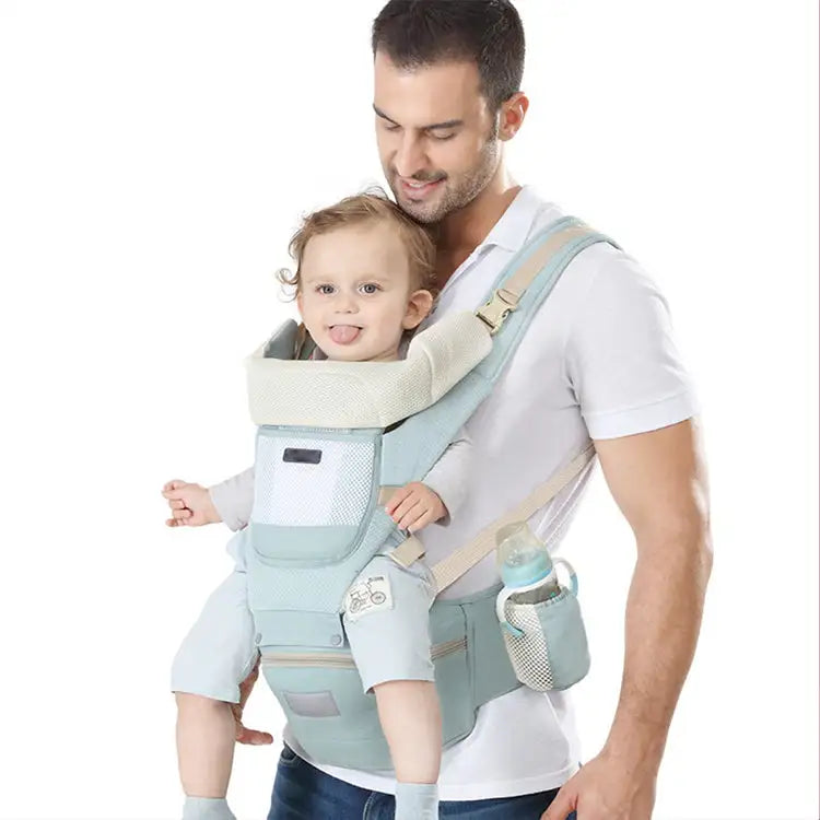 Baby carrier with padded hip seat, worn on the front