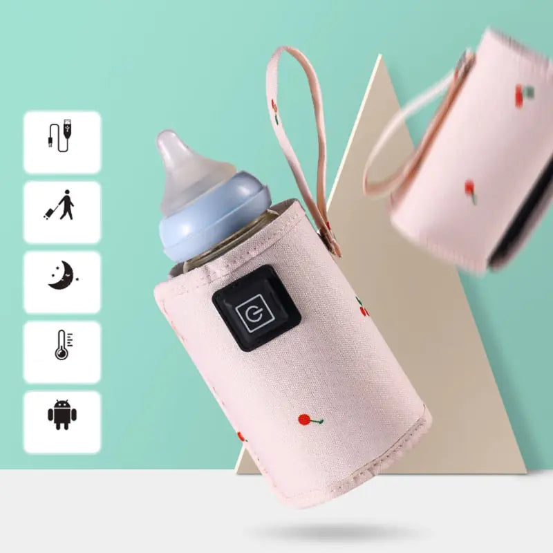 Portable USB bottle warmer bag wrapped around a baby bottle
