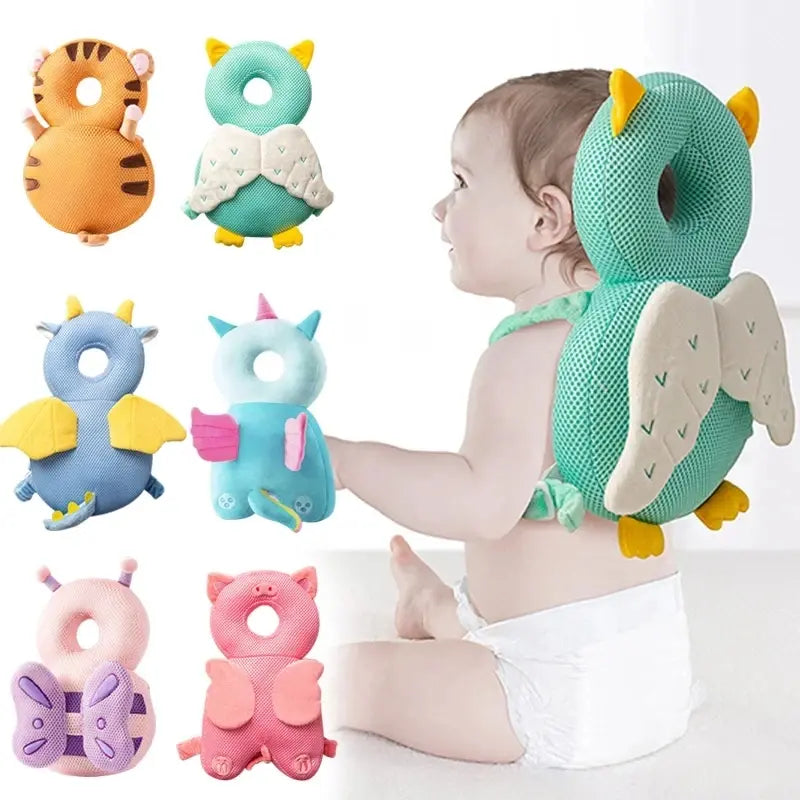 Padded baby head protector backpack worn by a sitting baby