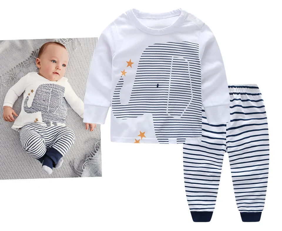 Elephant print baby clothing set with bodysuit, pants and hat